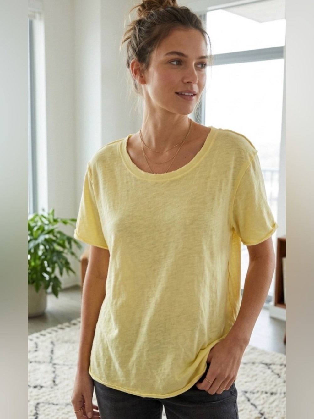 Maeve Light Yellow Slub Crewneck Tee - size Large